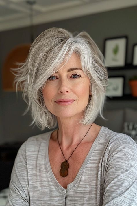 Chin Length Grey Hair, Chin Length Haircuts For Women Over 50, Short Hairstyles For Women Over 60, Mode Ab 50, Κούρεμα Bob, Chic Haircut, Haircut 2024, Short Silver Hair, Bob Cuts