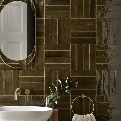 Brown Tile Bathroom, Bronze Tiles, Brown Tile, Gold Home Accessories, Holly House, Subway Tiles Bathroom, Rustic Tile, Topps Tiles, Majolica Pottery