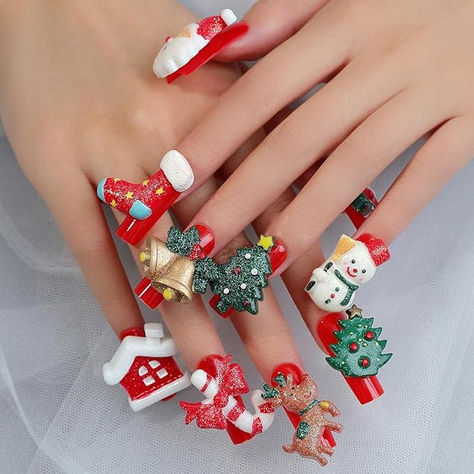 #affiliate #ad christmas nail art, press on nails, christmas nails, red nails, santa claus nails, snowman nails, winter nail art idea, viral nails Nails Long Square, Christmas Press On Nails, Press On Nails Long, Candy Decorations, Coffin Press On Nails, New Nail Art, Nails For Women, 3d Christmas, Nails Long