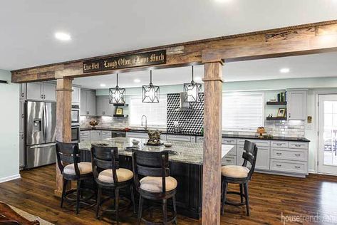 An ambitious kitchen remodel transformed a cramped cooking space into an entertaining haven Beam Between Kitchen And Living Room, Kitchen Pillar Ideas, Wood Beam Kitchen, Kitchen Beams, Beam In Kitchen, Open Concept Kitchen Living Room, Flip Ideas, Flip House, Open Kitchen And Living Room