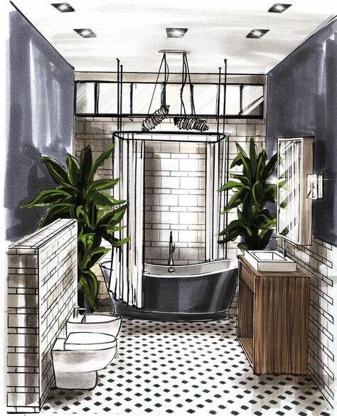 Bathroom Sketch, Interior Architecture Sketch, Interior Design Sketchbook, Furniture Design Sketches, Drawing Interior, Interior Design Renderings, Interior Architecture Drawing, Interior Design Drawings, Interior Design Sketch