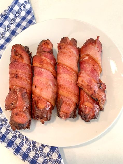 Air Fryer Bacon Wrapped Hot Dogs Air Fryer Hot Dogs, Bacon Wrapped Hotdogs, Air Fryer Bacon, Wrapped Hot Dogs, Dog Wrap, Cheese Dog, Bacon Lover, Bacon Cheese, Bacon Wrapped