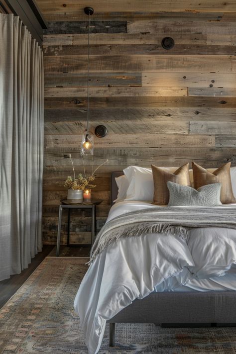 Bedroom Accent Wall Ideas Herringbone Wood Wall Bedroom, Pallet Board Accent Wall, Wood Plank Wall Bedroom, Wood Wall Bedroom Ideas, Wooden Accent Wall Bedroom, Accent Wall Wood Planks, Statement Wall Bedroom, Bedrooms With Accent Walls, Wood Wall Bedroom