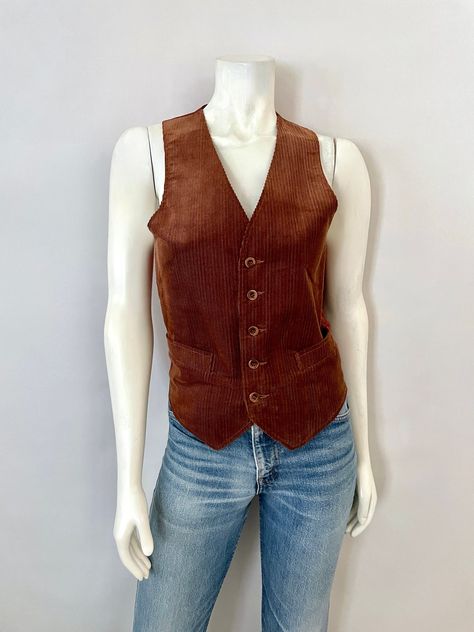 Grandad Outfits, 70s Vest, Seventies Fashion, Brown Corduroy, Vest Outfits, Warm Brown, Sleeveless Vest, Mens Vest, Womens Vest