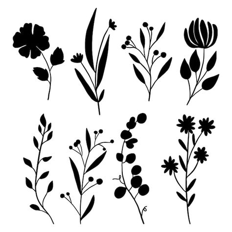 Doodle Art Flowers, Silhouette Tattoos, Ornamental Tattoo, Silhouette Template, Flower Silhouette, Plant Vector, Flower Icons, Silhouette Illustration, Silhouette Stencil