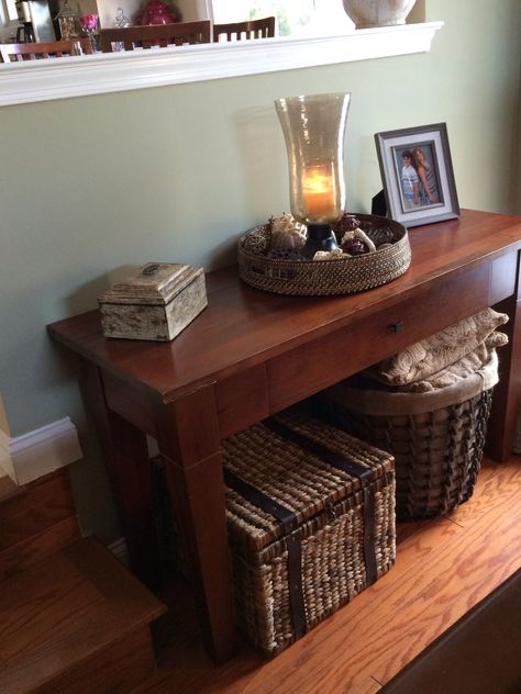 Under table Storage baskets Coffee Table Baskets Under, Under Table Baskets, Under Table Storage Ideas, Pottery Barn Decorating, Coffee Table Basket, Storage Baskets Living Room, Under Table Storage, Living Room Furniture Recliner, Furniture Color Schemes