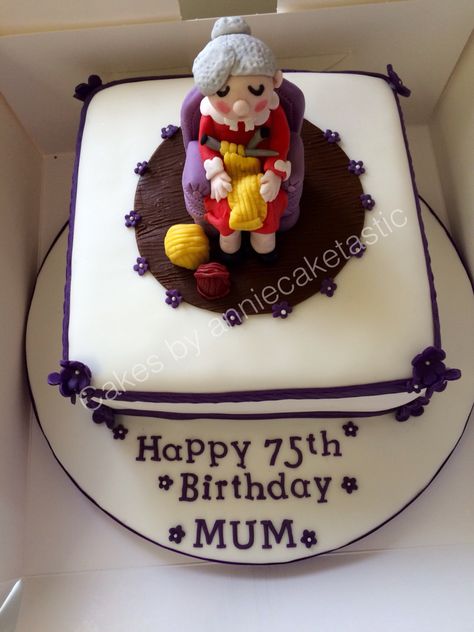 Knitting granny on 75th birthday cake 75th Birthday Cakes, 75th Birthday Cake, Birthday Cake Vanilla, Tier Birthday Cake, 75 Birthday Cake, Birthday Cake Aesthetic, 75 Birthday, Happy 75th Birthday, Tiered Cakes Birthday