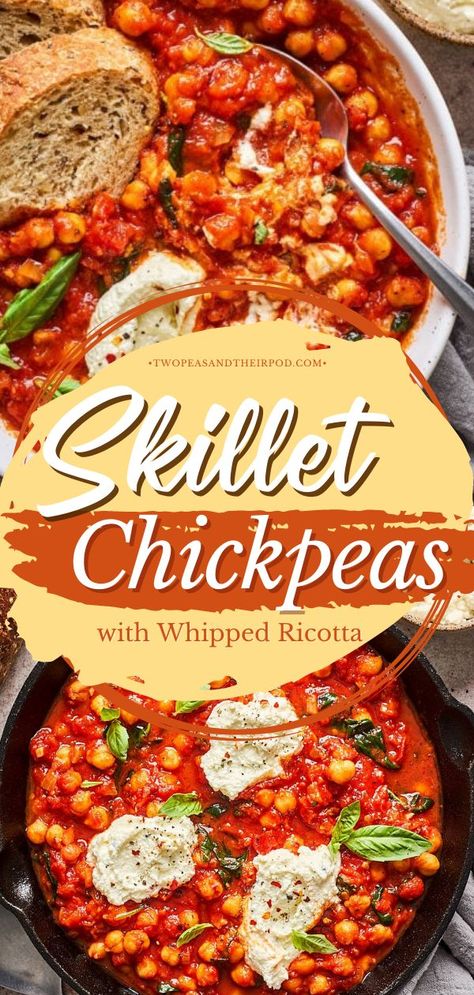 Skillet Chickpeas with Whipped Ricotta, 30 minute meals, weeknight dinner recipes Recipes With Pepitas, Chickpea Tomato, Marry Me Chickpeas, Whipped Ricotta Recipe, Vegan Chickpea Recipes, Easy Skillet Meals, Easy Vegetarian Dinner, Chickpea Recipes, Heart Healthy Recipes