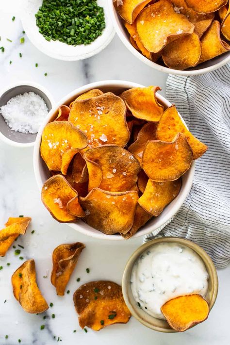 Air Fryer Sweet Potato Chips - Fit Foodie Finds Sweet Potato Chips Air Fryer, Air Fryer Sweet Potato Chips, Chips Air Fryer, Air Fryer Potato Chips, Fit Foodie Finds, Fit Foodie, Sweet Potato Chips, Potato Chips, Air Fryer