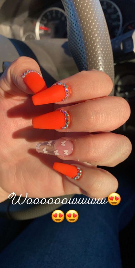 Acrilic nails orange butterflies Orange Butterfly Nails, Nail Orange, Orange Acrylic Nails, Orange Butterflies, Nails Orange, Butterfly Nails, Nails Design With Rhinestones, Summery Nails, Orange Butterfly