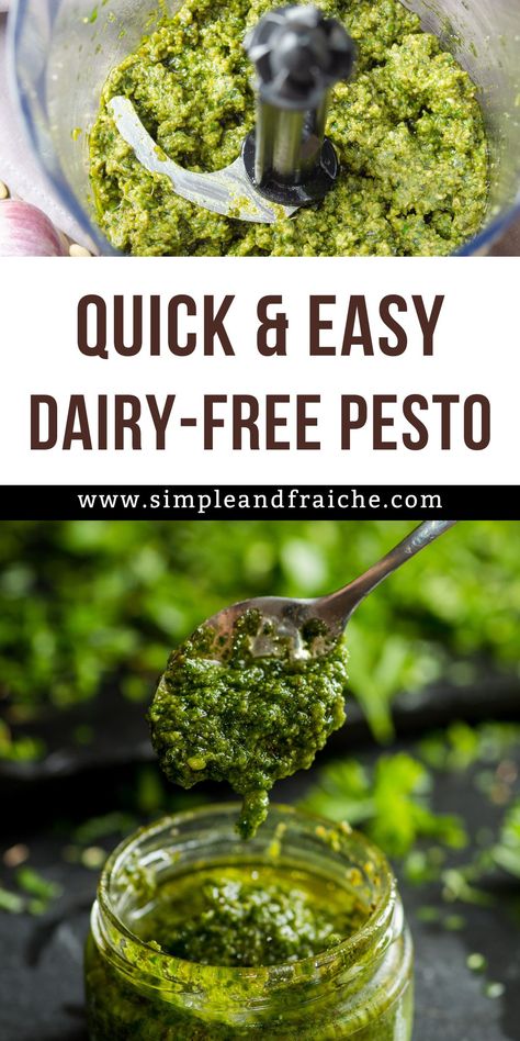 Dairy-free pesto in a glass mason jar with a spoon. Dairy Free Pesto Recipe, Easy Vegan Pesto, Vegan Pesto Recipe, Refreshing Summer Recipes, Dairy Free Pesto, Healthy Sauces, Gf Baking, Chilled Desserts, Vegan Parmesan Cheese