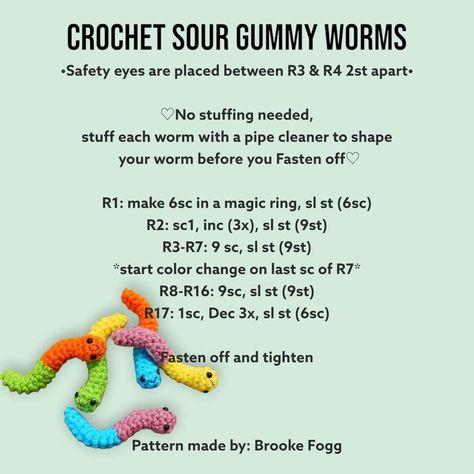 Crochet Gummy Worm Pattern, Crochet Gummy Worm Free Pattern, Worm Crochet Pattern, Gummy Worm, Crochet Tutorial Pattern, Quick Crochet Patterns, Crocheted Items, Gummy Worms, Crochet Animals Free Patterns