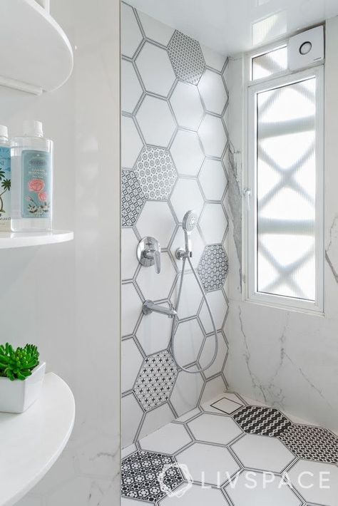 Hexagon Floor Tile Pattern, Hexagonal Tiles Bathroom, Beautiful Tile Bathroom, White Hexagon Tiles, Hexagonal Tiles, Best Bathroom Flooring, Tiles Designs, Hexagon Tile, Tiles Bathroom