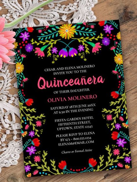 Quinceanera Mexican Fiesta Floral Black Birthday Invitation Vibrant and pretty Quinceanera Invitation for your daughter's 15th Birthday celebration. This Mexican Quinceañera theme features colorful Mexican folk art flowers in red, pink, purple and yellow on a black background #birthday #happybirthday #birthdaycards #birthdayparty #firstbirthday #floral #mexican #Quinceanera #fiesta Quinceanera Pink, Mexican Fiesta Party, Floral Birthday Invitations, Quinceanera Invitation, Gold Foil Invitation, Quinceanera Themes, Black Birthday, Boda Mexicana, Folk Art Flowers