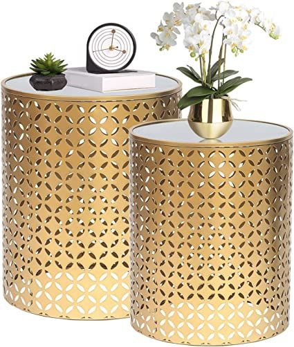 Round Nightstands, Salon Art Deco, Golden Coffee Table, Round Nightstand, 2 Coffee Tables, Stainless Steel Panels, Tables Set, Grande Table, Side Coffee Table