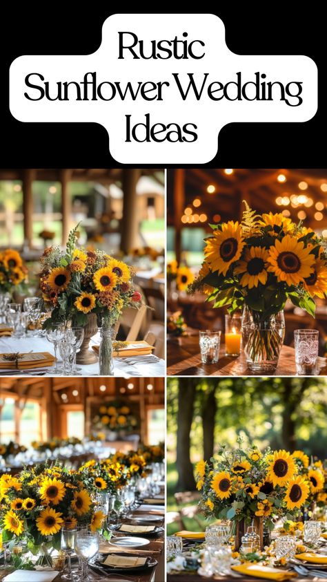 A rustic wedding scene with vibrant sunflower bouquets, rustic table settings, and sunflower decorations brightening up the venue, blending natural beauty with elegant, timeless style. Sunflowers For Wedding, Rustic Sunflower Wedding Ideas, Sunflower Wedding Arrangements, Sunflower Bouquet Wedding, Rustic Table Settings, Sunflower Wedding Ideas, Sunflower Weddings, Sunflower Decorations, Wedding Ideas Elegant