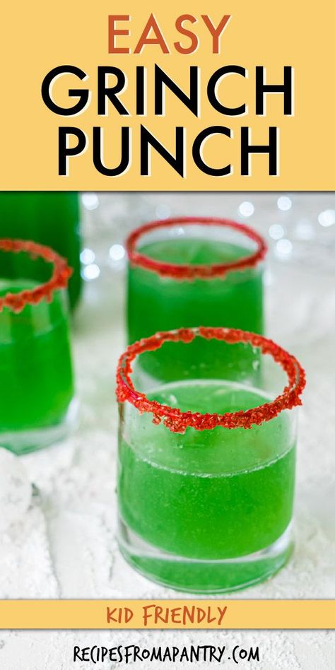 This colorful family-friendly Grinch Punch recipe is great for the festive season! All that's needed are just 6 ingredients & 5 minutes to make this fun Green Christmas punch for kids. It's so easy to make that the kids can even do it themselves! Plus you can prep this easy punch recipe in advance so perfect for entertaining. This is the holiday punch you'll be making all season long. Click to get this Non Alcoholic Punch Drink!! #punch #christmaspunch #holidaydrinkrecipes #drinks #grinch Kids Holiday Punch Recipe, Kid Friendly Holiday Punch, Grinch Punch Without Sherbert, Christmas Punch Ideas Non Alcoholic, Christmas Party Drinks Kids, Kid Friendly Grinch Punch, Holiday Party Drinks Nonalcoholic, Easy Holiday Punch Non Alcoholic, Xmas Drinks Non Alcoholic