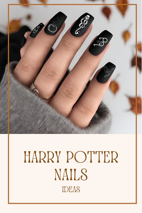 Short Nails Harry Potter, Minimalist Harry Potter Nails, Black Harry Potter Nails, Deathly Hallows Nails, Harry Potter Black Nails, Nail Designs Harry Potter, Spooky Nails Black, Harry Potter Nail Ideas Simple, Harry Potter Nails Slytherin