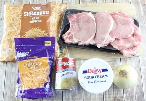 hashbrowns, pork chops, shredded cheddar cheese, sour cream, cream of chicken Shredded Hashbrown Recipes, Pork Chops With Gravy, Pork Chops Baked, Cheesy Hash Brown Casserole, Shake And Bake Pork, Baked Hashbrowns, Crock Pot Pork Chops, Recipes Using Pork, Pork Chop Casserole