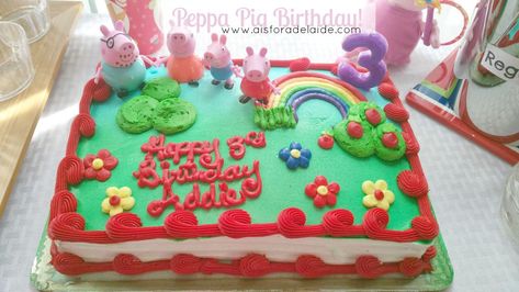 Peppa Pig Sheet Cake, Pig Sheet Cake, Peppa Pig 3rd Birthday, Buttercream Sheet Cake, Birthday Cakes Girls Kids, Peppa Pig Birthday Cake, Sheet Cake Designs, Pig Birthday Cakes, Peppa Pig Cake