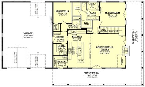 Barndominium, Farmhouse, Southern, Traditional House Plan 82913 with 4 Beds, 3 Baths, 4 Car Garage Level One Barndominium Floor Plans 4 Bedroom, Corner Porch, 2 Story House Plans, Floor Plans 4 Bedroom, 2 Story House, Barndominium House, Barn Plan, Barndominium Plans, Barndominium Floor Plans