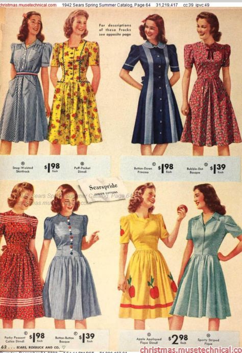 1940s Spring Fashion, 40s Outfits, 1940s Fashion Women, Fashion 40s, Vintage Summer Outfits, Dress History, Christmas Catalogs, Clothing Catalog, Vintage Wardrobe