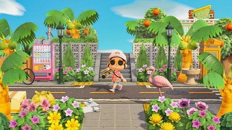 Tropicore Acnh, Acnh Summer, Animale Crossing, Island Layout, Ac Ideas, City Island, Acnh Codes, Animal Crossing Wild World, Palm Spring