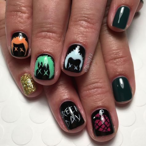 Green Day concert nails I handpainted using gel polishes.  See more of my designs on my nail board @jgchef13 or on my IG page @jgchef13. Green Day Nails, Green Day Halloween, Green Day Nails Band, Green Day Inspired Tattoos, Green Day Wallpaper Desktop, Green Day Tattoo, Green Day Band, Concert Nails, Band Nails