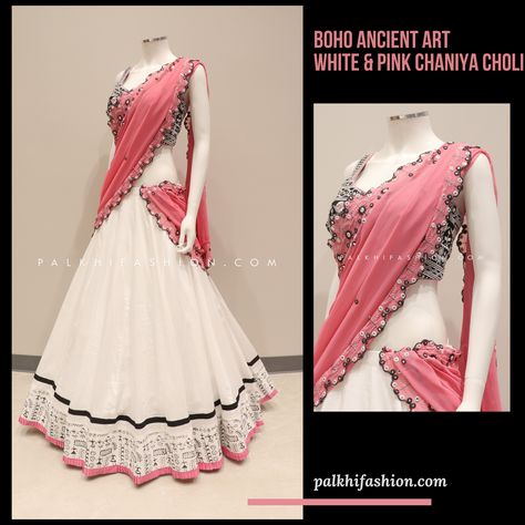 🌸 Embrace Your Inner Bohemian Goddess in Our White & Pink Designer Chaniya Choli! 🌸 This ethereal ensemble is a celebration of traditional prints and free-spirited style. The white lehenga, adorned with captivating boho art borderwork, creates a mesmerizing visual appeal. The black and white chikankari blouse, embellished with delicate abhala work, adds a touch of elegance. The contrasting pink cut work dupatta, also featuring abhala and thread work, completes this bohemian masterpiece. Sho... White Chikankari Blouse, Chikankari Blouse, White Saree Wedding, Designer Chaniya Choli, Chaniya Choli Designs, Traditional Prints, White Lehenga, Choli Designs, White Saree