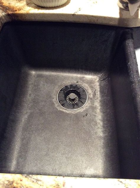 Hard water stains in granite sink Black Granite Sink, Sink Cleaning, How To Clean Granite, Hard Water Spots, Quartz Sink, Granite Composite Sinks, Composite Sink, Cleaning Methods, Black Kitchen Sink