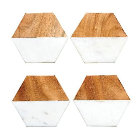 Set of 4 Marble & Mango Wood Hexagon Coasters design by BD Edition Wood Hexagon, Hexagon Coasters, Agate Coasters, Marble Wood, Talavera Tiles, Marble Coasters, Wood And Marble, Creative Co Op, Coaster Design