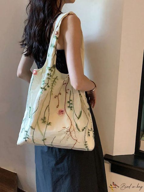 BirdinBag - Womens Embroidered Flower Graphic Canvas Shoulder Bag - Fashionable and Versatile Tote Tote Bag Outfit, Painted Tote, Embroidered Tote Bag, Embroidered Canvas, Embroidered Tote, Elegant Bags, Flower Graphic, Embroidered Bag, Canvas Shoulder Bag