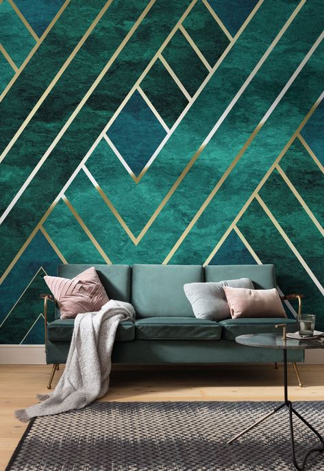 As we know, opposites attract. Clear gold lines add structure and stability to the free-floating background. A harmonious composition for contemporary homes. Photomural, Decoration, Walldeco, Interieur, Interieurfashion, Wall, nonwoven, non-woven, wallpaper, mural, photo, colorful, beautiful, papermural, decomural, paper, patterns Interior Art Deco, Art Deco Living, Art Deco Living Room, Interior Design Per La Casa, Green Couch, Art Deco Interior Design, Wall Paint Designs, Art Deco Wallpaper, Design Del Prodotto