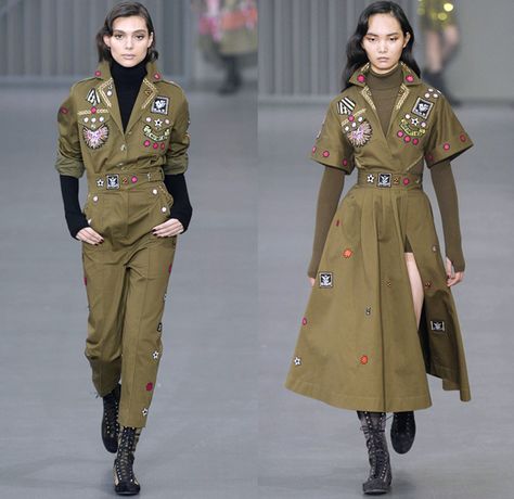 Temperley London 2018-2019 Fall Autumn Winter Womens Runway Catwalk Looks - London Fashion Week Collections UK - Trail Blazers 1940s Forties Aviator Pilot Military Badges Patches Khaki Fatigues Sheer Chiffon Tulle Geometric Ribbon Embroidery Bedazzled Sequins Clouds Stars Stripes Mesh Fishnet Silk Satin Fur Shearling Quilted Waffle Overcoat Kimono Blouse Shirt Turtleneck Sweater Field Flight Jacket Pantsuit Maxi Dress Gown Eveningwear Wide Leg Cutout Shoulders Combat Boots Wide Belt Pilot Outfit Women, Military Jacket Women Outfit, Military Outfits Women, Geometric Outfit, Aviator Outfit, Combat Fashion, Camo Jacket Women, Military Inspired Outfit, Military Inspired Fashion