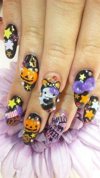 Hello kitty Halloween nails Fun Halloween Nails, Hello Kitty Nails Art, Kawaii Nail Art, 3d Nail Art Designs, Halloween Acrylic Nails, Trendy Nail Art Designs, Hello Kitty Nails, Hello Kitty Halloween, Acrylic Flower