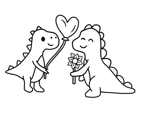 Two dinosaurs holding sunflower and heart shaped balloon. Jhoanna&yareth shirts who Dinosaur Love Drawing, Dinosaur And Flower Tattoo, Dinosaur With Flowers Tattoo, Love Coloring Pages For Boyfriend, Couple Tattoos Anime, Dinosaur In Love, T Rex Cartoon, Valentine Doodle, Wedding Coloring Pages