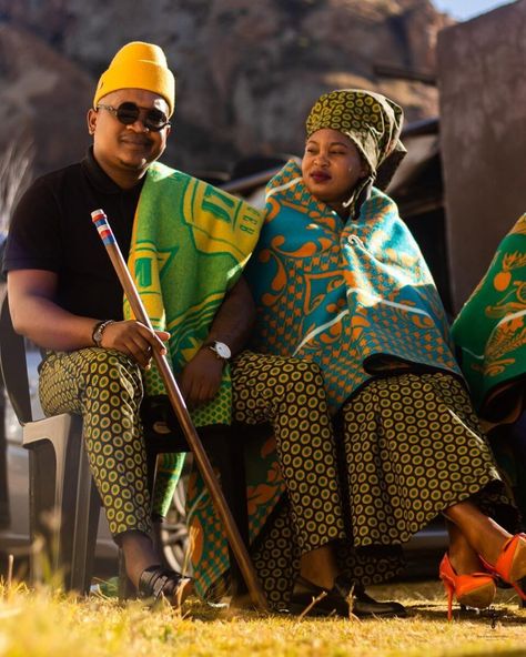 Basotho Traditional Wear, Sotho Traditional Attire, Sotho Traditional Dresses, African Couple, African Traditional Wear, Shweshwe Dresses, African Traditional Wedding, Dresses Traditional, Couples Outfit