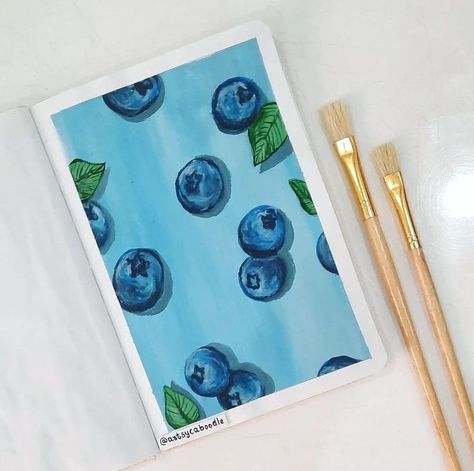 Blueberry Painting, Watercolor Blueberries, Blue Cow, Easy Blueberry, Cow Canvas, Canvas Ideas, Random Ideas, Light Blue Background, Mini Canvas