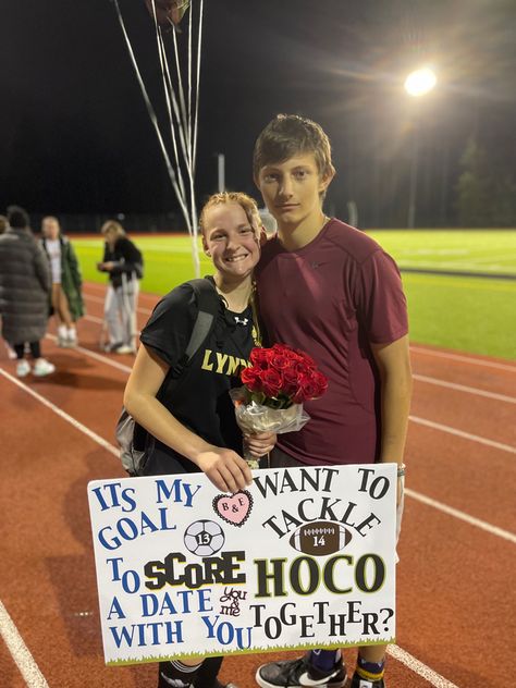 Soccer and football players HOCO sign invite Soccer Hoco Signs, Girl Ask Guy, Hoco Posters, Hoco Signs, Cute Hoco Proposals, Cute Homecoming Proposals, Creative Pumpkin Painting, Hoco Ideas, Football Homecoming