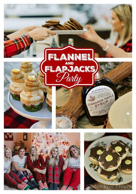 This flannel and flapjacks holiday party is full of rustic holiday fun! From the pancake decorated sugar cookies, gingerbread pancakes with sugared cranberries and flannel pj gift exchange, it has all the makings of a great holiday or Christmas girls party. Flannel And Flapjacks, Christmas Girls Party, Pancake Cupcakes, Christmas Pancakes, Gingerbread Pancakes, Pancake Party, Pancakes And Pajamas, Adult Christmas Party, Cookies Gingerbread