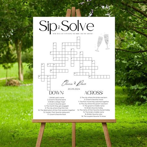 Custom Wedding Crossword Puzzle Sign- Minimalist Bridal Large Sip and Solve Poster, Printable Wedding Guest Games, Editable Canva Template SEE SIMILAR ITEMS HERE: https://www.etsy.com/shop/DigitalCreationsByGG?ref=dashboard-header&search_query=crossword Add a touch of interactive fun to your wedding with our Custom Wedding Crossword Puzzle Sign. This minimalist bridal poster is the perfect addition to your special day, offering a unique and engaging activity for your guests. Features: - Minimali Sip And Solve Wedding Crossword, Wedding Guest Games, Wedding Activities For Guests, Guest Games, Sip And Solve, Wedding Crossword Puzzle, Wedding Games For Guests, Citrus Wedding, Wedding Cross