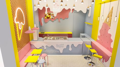 Small Ice Cream Shop Design, Soft Serve Ice Cream Shop, Retro Ice Cream Shop, Ice Cream Shop Design, Kawaii Business, Cafe Ice Cream, Waffle Shop, Cream Furniture, Architecture Graphic Design