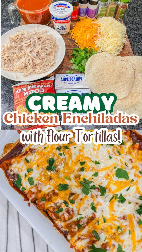 These creamy chicken enchiladas made with flour tortillas are easy to make and perfect for the whole family!  Creamy Mexican-spiced chicken wrapped in a soft flour tortilla and topped with red enchilada sauce and cheese is a great weeknight meal.
#chickenenchiladas #freezerprep Chicken Enchilada Casserole With Flour Tortillas, Dinners With Tortillas, Chicken Enchiladas With Flour Tortillas, Enchiladas With Flour Tortillas, Crockpot Enchilada Casserole, Flour Tortilla Enchiladas, Tortilla Casserole Recipes, Creamy Chicken Enchiladas Recipe, Chicken Breast Casserole Recipes