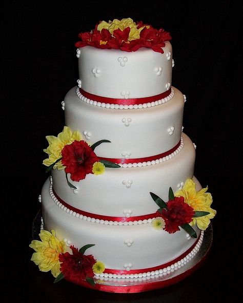 red and yellow cakes | Red/Yellow Wedding Red And Yellow Wedding Cake, Red And Yellow Wedding Theme, Red Yellow Wedding, Yellow Wedding Cakes, Red And Yellow Wedding, Yellow Cakes, Jazz Wedding, Sunflower Wedding Favors, Yellow Wedding Cake