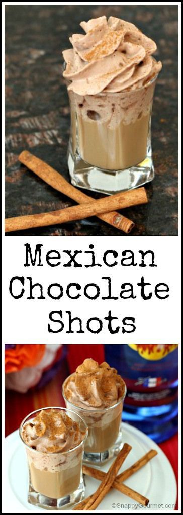 Mexican Chocolate Shots cocktail recipe - easy chocolate dessert drink for Cinco de Mayo! SnappyGourmet.com Easy Chocolate Dessert, Chocolate Shots, Pudding Shots, Cocktail Shots, Easy Chocolate Desserts, Jello Shot, Mexican Chocolate, Chocolate Liqueur, Whip Cream