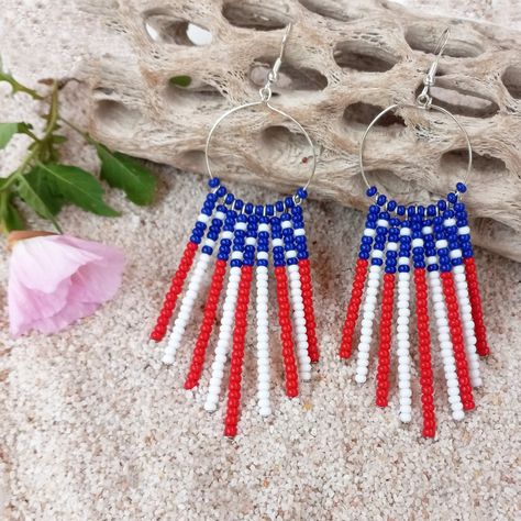 Flag Beads, Flag Earrings, Patriotic Earrings, Artisan Jewelry Earrings, Colourful Life, Drop Hoop Earrings, Patriotic Flag, Usa Patriotic, Handcrafted Artisan Jewelry