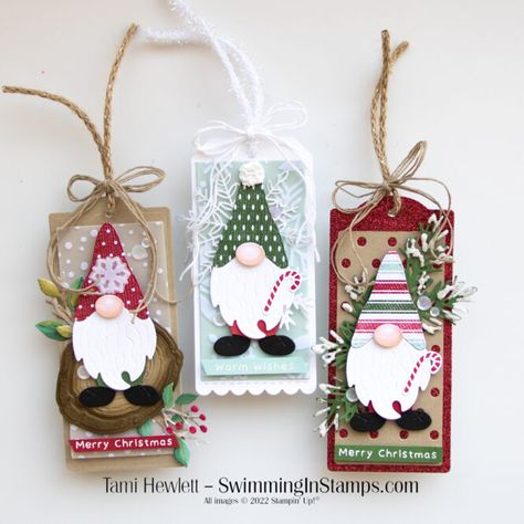 Sweetest Christmas Dsp, Christmas Gift Tags Stampin Up, Folder Decorado, Kindest Gnomes, Tags Stampin Up, Christmas Tags Handmade, Loaded Envelopes, Gnome Cards, Xmas Gift Tags