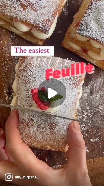 L i l l y H i g g i n s on Instagram: "Such a summer dessert & so easy to make! Save this for the weekend 😍 The classic French Mille feuille has creme patisserie or pastry cream piped inside but I love using fresh Irish cream 😍 The trick is to stack 3 layers of the puff pastry before baking. Dust with icing sugar then bake @ 180C for 15-20 mins till puffed up & golden. The pastry develops a caramel glaze on top 🤤 Once cooled it’s so easy to just slice each pastry in three for 3 perfectly shaped layers 🥳🥳🥳 I mashed some raspberries with lemon juice & sugar and layered that with the cream. You can also use fresh berries, lemon curd or caramel sauce etc. so delicious 😍 Who would you bake these for? #easybaking #easyrecipe #millefeuille #raspberries #summerdessert #easydessert #puffpast Puff Pastry Cream Slices, Puff Pastry French Dessert, Puff Pastry Mille Feuille, Puff Pastry With Lemon Curd, Mille Feuille Recipe French Pastries, Lemon Cream Puffs With Mascarpone Filling, Lemon Curd Dessert, French Pastries Recipes, Puff Pastry Cream Puffs