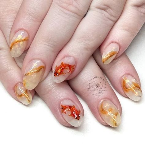 Gold Fish Nail Art, Star Wars Nails, Fish Nails, May Nails, Latest Nail Trends, Nail Design Inspiration, Flower Nail Art, Festival Nails, Stained Glass Flowers