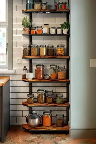 32 Open Shelving Kitchen Ideas That Blend Storage And Style Open Shelving Food Storage, Open Corner Shelves Kitchen, Exposed Shelves Kitchen, Corner Shelves Kitchen, Shelving Kitchen Ideas, Open Shelving Kitchen Ideas, Shelving In Kitchen, Kitchen Shelving Unit, Kitchen Wall Rack